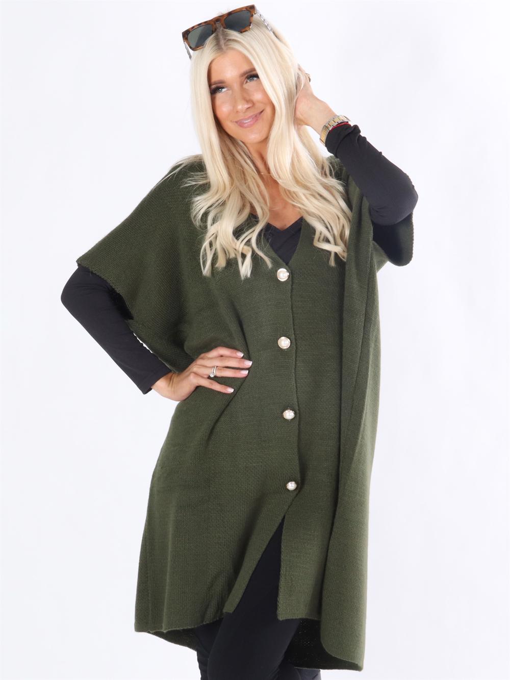 Mitsi - Armégrön stickad kofta med pärlknappar